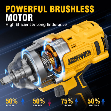 ALLOYPOWER Cordless Brushless Impact Wrench, 1475 ft-lbs (2000N.m), 1/2 High Torque power impact gun, 3-Mode Speed, 4000mAh Battery, 3 Sockets