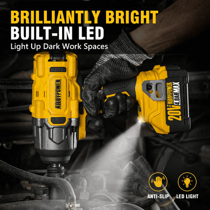 ALLOYPOWER Cordless Brushless Impact Wrench, 1475 ft-lbs (2000N.m), 1/2 High Torque power impact gun, 3-Mode Speed, 4000mAh Battery, 3 Sockets