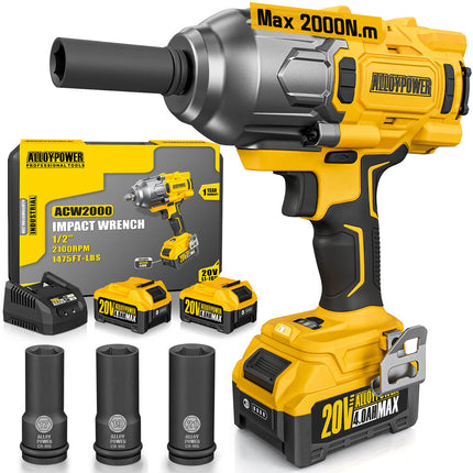 ALLOYPOWER Cordless Brushless Impact Wrench, 1475 ft-lbs (2000N.m), 1/2 High Torque power impact gun, 3-Mode Speed, 4000mAh Battery, 3 Sockets
