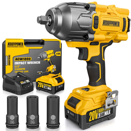 ALLOYPOWER 1/2 Cordless Brushless Impact Wrench, 1475 ft-lbs (2000N.m), 3-Mode Speed, 4000mAh Battery, 3 Sockets