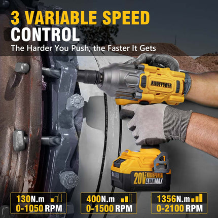 ALLOYPOWER 1/2 Cordless Brushless Impact Wrench, 1475 ft-lbs (2000N.m), 3-Mode Speed, 4000mAh Battery, 3 Sockets