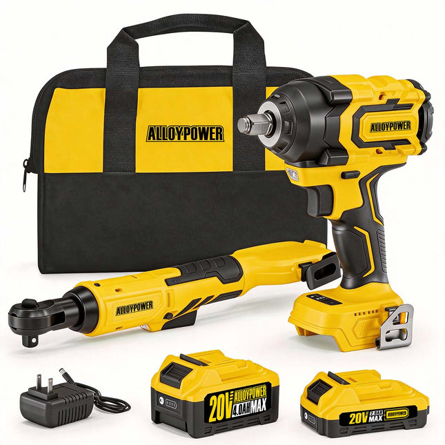 AlloyPower 20V Cordless Combo Kit: 1/2" Impact Wrench & 3/8" Ratchet Wrench