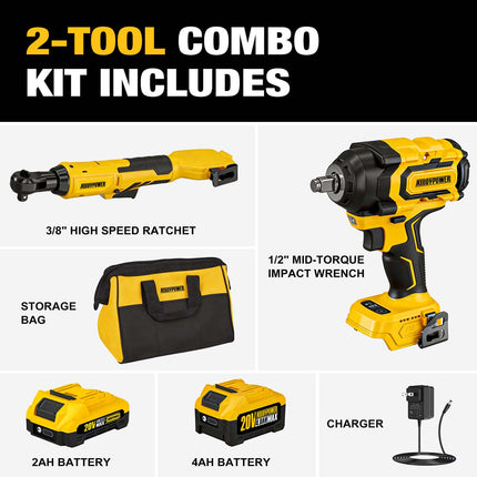 AlloyPower 20V Cordless Combo Kit: 1/2" Impact Wrench & 3/8" Ratchet Wrench