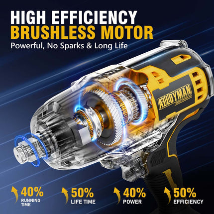 Alloyman 1/2 inch Cordless Impact Wrench, (750 N.m) 555 Ft-lbs Hight Torque Electric Impact Gun,20V Power Impact Driver, Brushless Motor 2000 RPM, 6 Sockets,3 Extension Bars, 4.0AH Li-ion Battery
