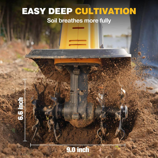 Motocultor inalámbrico Alloyman de 20 V, con un ancho de labranza de 9 pulgadas y una profundidad de 6,6 pulgadas, ideal para el cultivo de césped, jardinería y suelo.