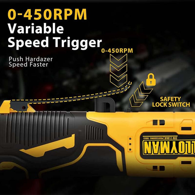 Llave de carraca extendida Alloyman de 20 V, 450 RPM, 3/8 de pulgada, con 2 baterías de iones de litio de 2,0 Ah.