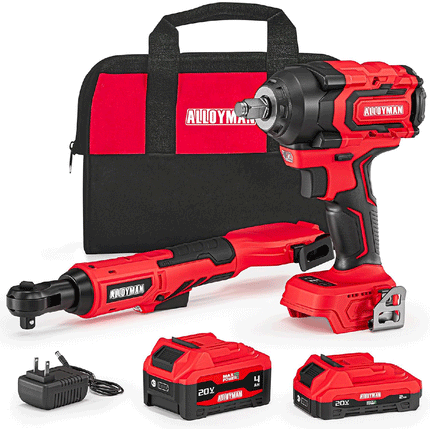 Alloyman 20v 3/8'' Cordless Ratchet Wrench 44 ft-lbs (60 Nm) and 1/2'' Brushless Impact Wrench 516 ft-lbs(700 Nm) Combo Set