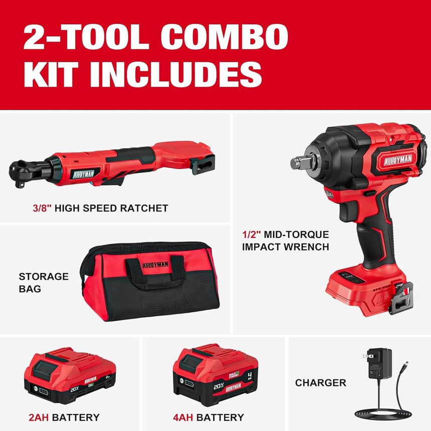 Alloyman 20V Cordless 2-Tool Combo Kit: 3/8" Ratchet (44 ft-lbs) & 1/2" Brushless Impact Wrench (516 ft-lbs)