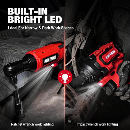 Alloyman 20v 3/8'' Cordless Ratchet Wrench 44 ft-lbs (60 Nm) and 1/2'' Brushless Impact Wrench 516 ft-lbs(700 Nm) Combo Set