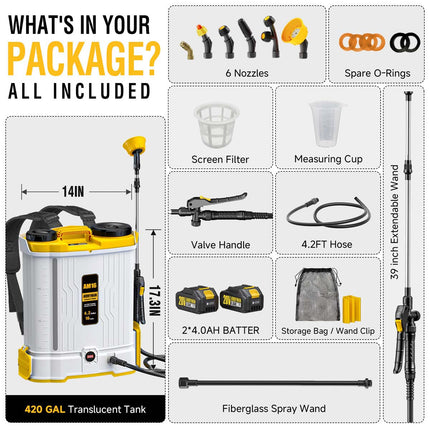 Alloyman Battery Powered Backpack Sprayer 4.2Gallon, 45-90PSI Adjustable Pressure