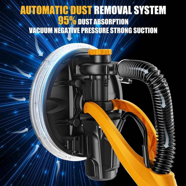 Lijadora de paneles de yeso de 1050 W con sistema de aspiración, 2100 RPM con 7 velocidades variables, mango plegable y extensible
