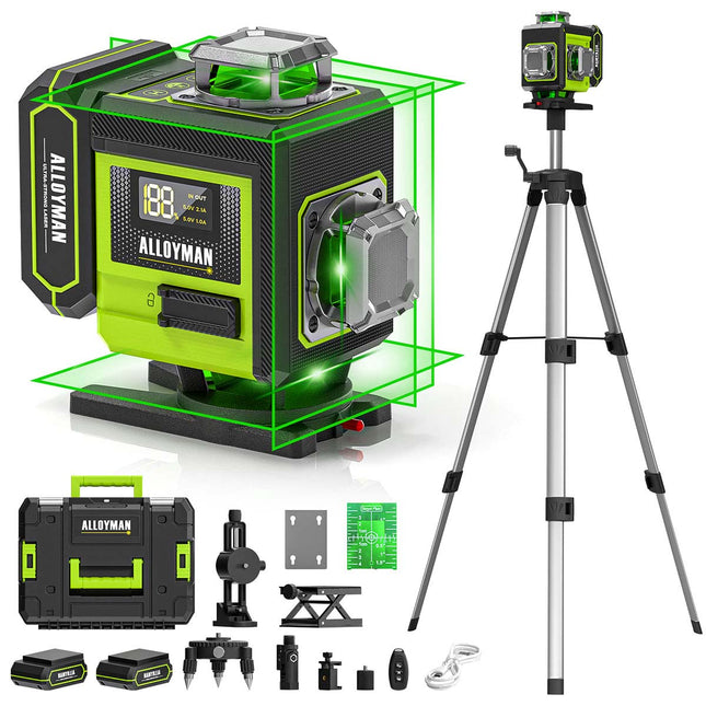 Alloyman Green 4 × 360° Laser Level with Tripod - Carrying Bag Included