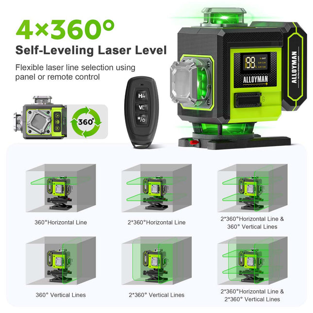 Alloyman Green 4 × 360° Laser Level with Tripod - Carrying Bag Included