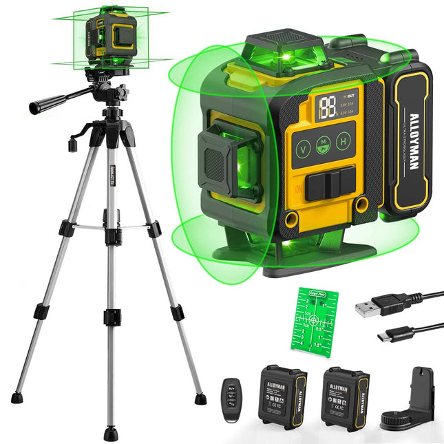 Alloyman Laser Level with Tripod, 4x360° Self Leveling Laser Level, Green Line Laser 4D Laser Leveler Tool with 2Pcs Lithium Batteries