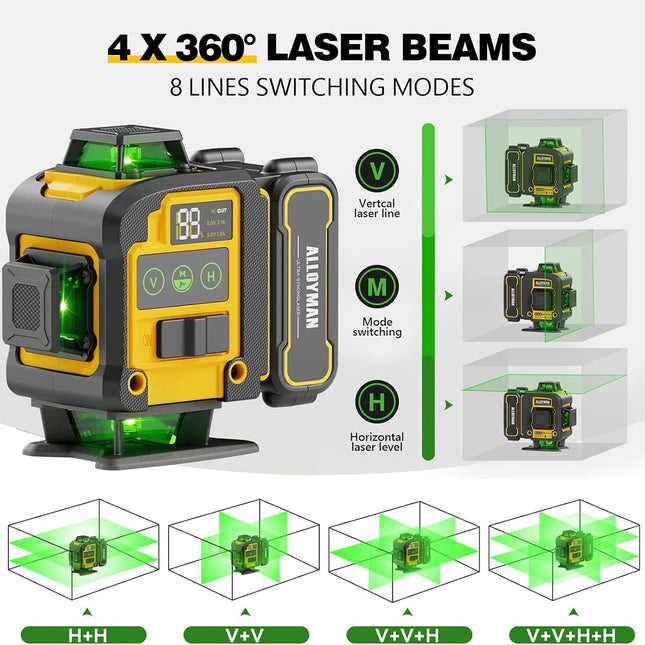 Alloyman 4x360° Green Laser Level Kit with Tripod