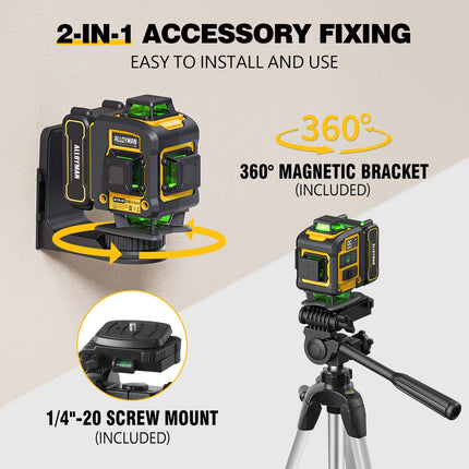 Alloyman Laser Level with Tripod, 4x360° Self Leveling Laser Level, Green Line Laser 4D Laser Leveler Tool with 2Pcs Lithium Batteries