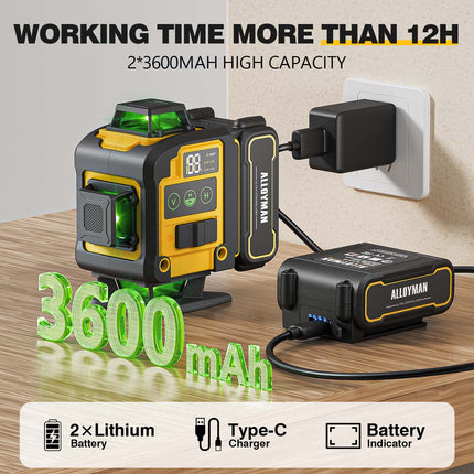 Alloyman Laser Level with Tripod, 4x360° Self Leveling Laser Level, Green Line Laser 4D Laser Leveler Tool with 2Pcs Lithium Batteries