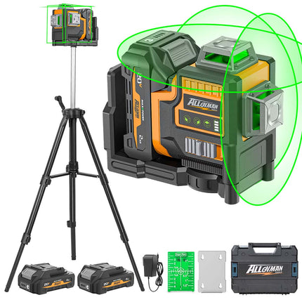 Alloyman Max 20V Laser Level with Tripod, 3x360° Self-Leveling Laser level, 3D Lazer Leveler Tool for Construction, Picture Hanging with Strong Magnetic Bracket & Hard Carry Case