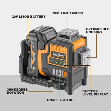 Alloyman Max 20V Laser Level with Tripod, 3x360° Self-Leveling Laser level, 3D Lazer Leveler Tool for Construction, Picture Hanging with Strong Magnetic Bracket & Hard Carry Case