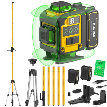 Alloyman 4x360°Self Leveling Laser Level, 12 Ft./3.7M Professional Laser Level Pole with Tripod, Green Line Lazer Leveler Tool