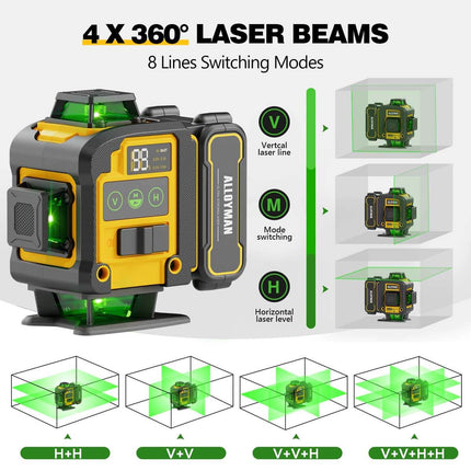 Alloyman 4x360°Self Leveling Laser Level, 12 Ft./3.7M Professional Laser Level Pole with Tripod, Green Line Lazer Leveler Tool