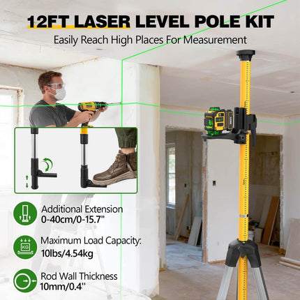 Alloyman 4x360°Self Leveling Laser Level, 12 Ft./3.7M Professional Laser Level Pole with Tripod, Green Line Lazer Leveler Tool