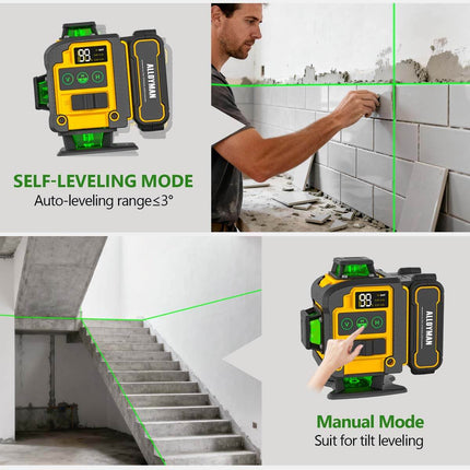 Alloyman 4x360°Self Leveling Laser Level, 12 Ft./3.7M Professional Laser Level Pole with Tripod, Green Line Lazer Leveler Tool