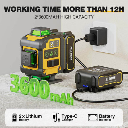 Alloyman 4x360°Self Leveling Laser Level, 12 Ft./3.7M Professional Laser Level Pole with Tripod, Green Line Lazer Leveler Tool