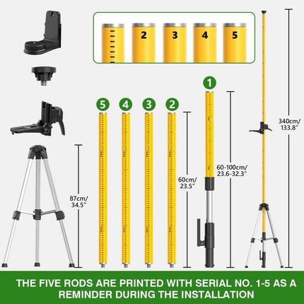 Alloyman 4x360°Self Leveling Laser Level, 12 Ft./3.7M Professional Laser Level Pole with Tripod, Green Line Lazer Leveler Tool