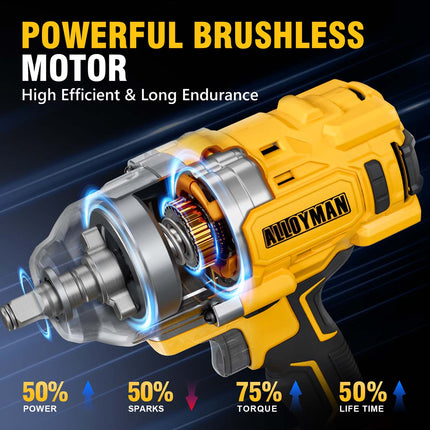 Alloyman 1/2 Cordless Brushless Impact Wrench, 1475 ft-lbs (2000N.m), 3-Mode Speed, 4000mAh Battery, 3 Sockets