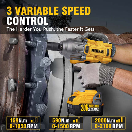 Alloyman 1/2 Cordless Brushless Impact Wrench, 1475 ft-lbs (2000N.m), 3-Mode Speed, 4000mAh Battery, 3 Sockets