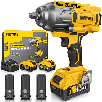 Alloyman 2000N Impact Wrench - With 3 Sockets, 2*4.0 Li-ion Battery and 1 Hour Fast Charger