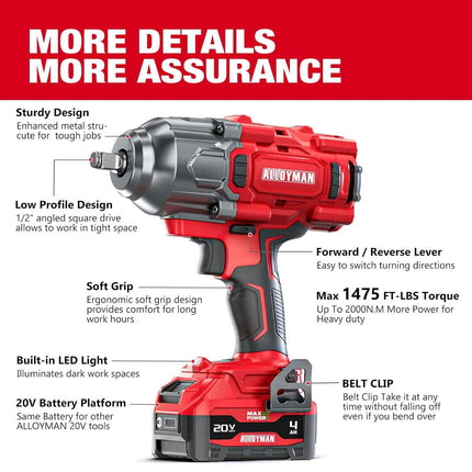 Alloyman 1/2 Cordless Brushless Impact Wrench, 1475 ft-lbs (2000N.m), 3-Mode Speed, 4000mAh Battery, 3 Sockets