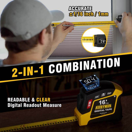 ALLOYMAN 2-in-1 16Ft Digital Tape Measure With 50 Groups Historical Memory, 6 Units Switch, 3 Measuring Modes, Movable Magnetic Hook