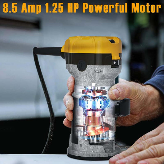 Alloyman Router Tool, 8.5Amp Wood Router, Max 30000 RPM Handheld Palm Router 6 Variable Speed 12pcs Wood Compact Router Bits 950w Wood Trim Routers Kit For Woodworking Trimming