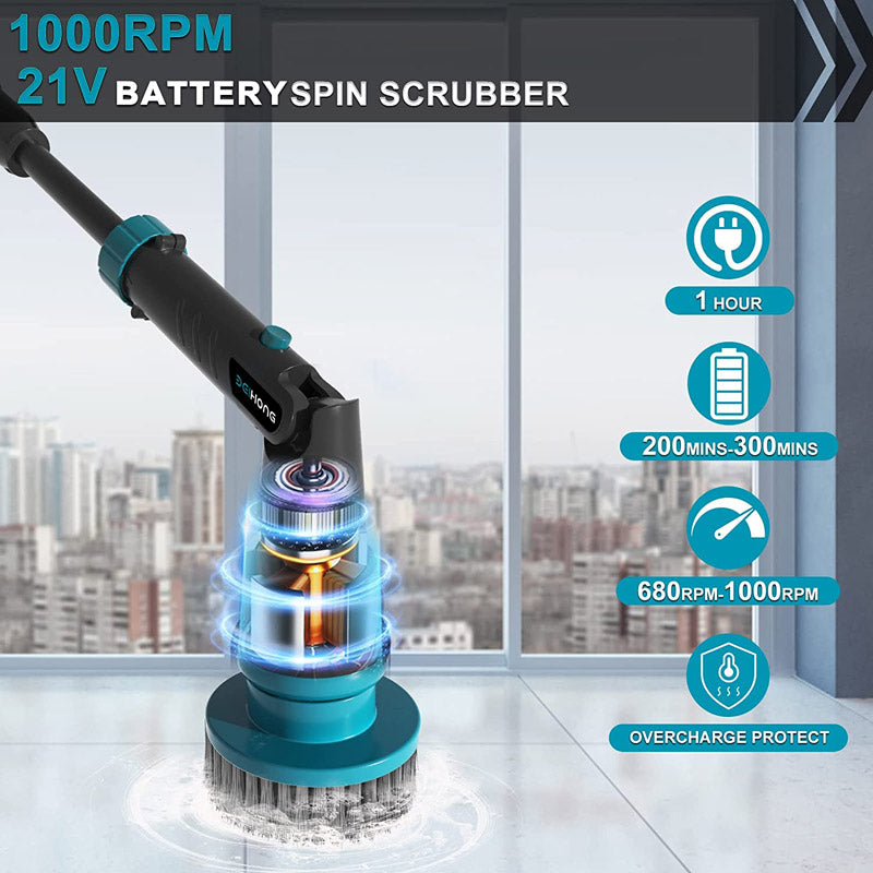 2 Battery Electric Spin Scrubber 1000rpm Cordless Cleaning Brush Waterproof  With