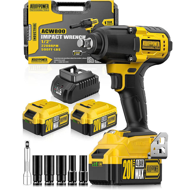 ALLOYPOWER 1/2 inch 590Ft-lbs(800N.m) Brushless Cordless Impact Wrench, 2200RPM with 2 x 4000mAh Battery, Charger and 6 Sockets