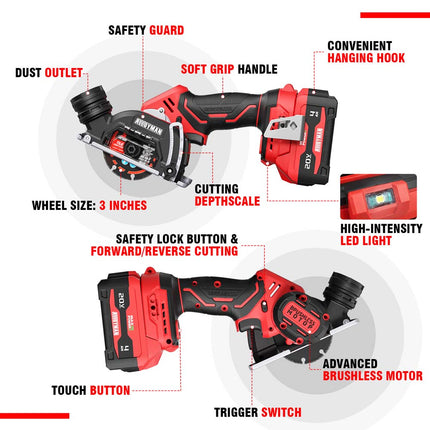 Alloyman 20V Brushless Cordless Cut-Off Tool, 3-Inch, 2×4.0Ah Batteries