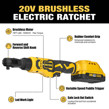 20V Brushless Cordless Ratchet Wrench, 3/8" Drive, 74 ft-lbs (100 Nm), 2 Batteries