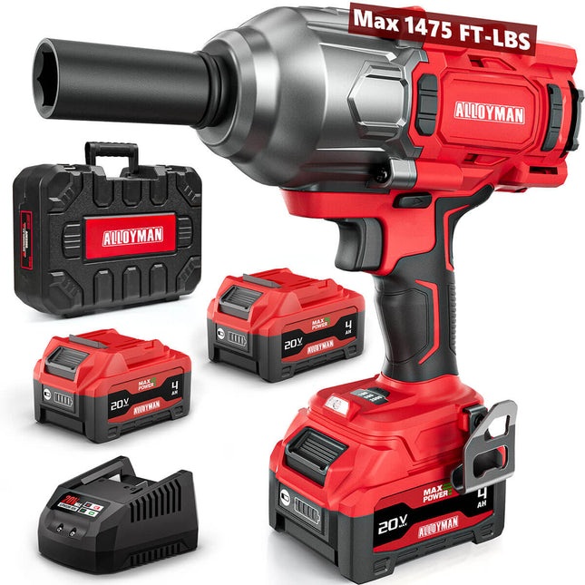 Alloyman 1/2 Cordless Brushless Impact Wrench, 1475 ft-lbs (2000N.m), 3-Mode Speed, 4000mAh Battery, 3 Sockets