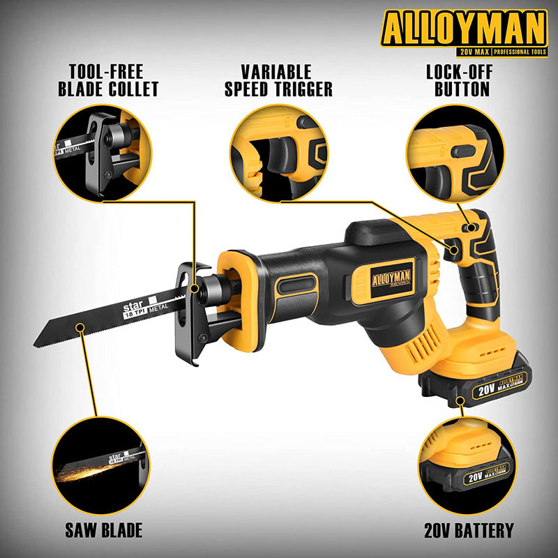 Alloyman ALLOYMAN 20V Cordless Reciprocating Saw, 0-3000 SPM, with 2 x  2.0Ah Battery