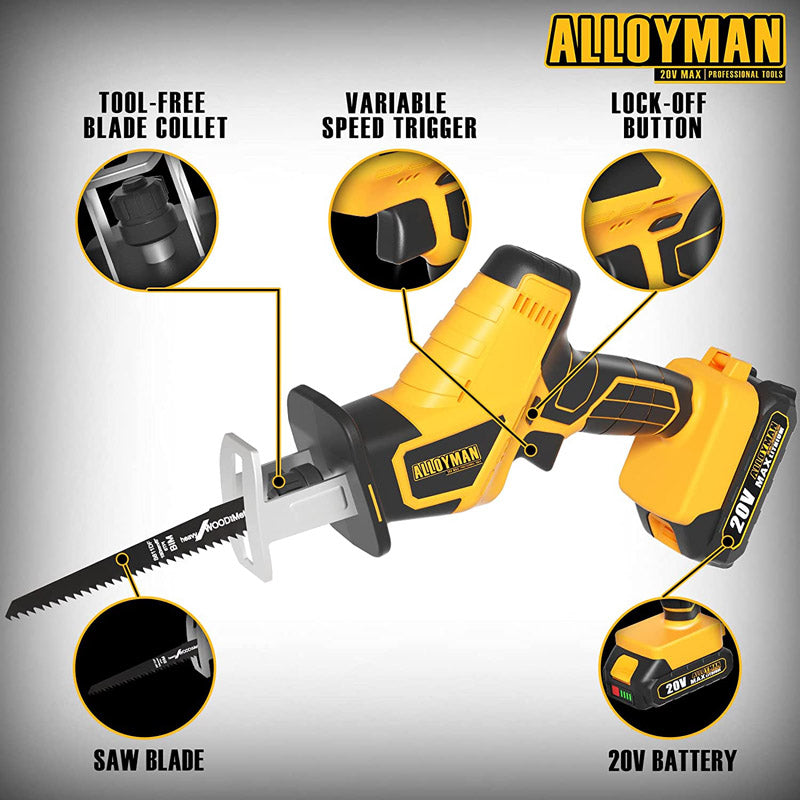 Alloyman Cordless Reciprocating Saw 0-3000 SPM Tool-free Blade Change With LED Light Power